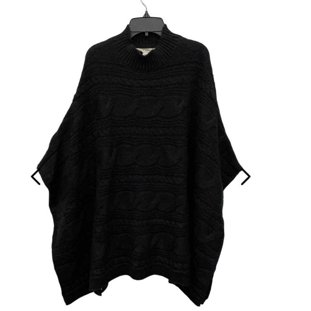 Linda Anderson Black Cable Knit Poncho Mock Neck Acrylic Blend One Size Wrap